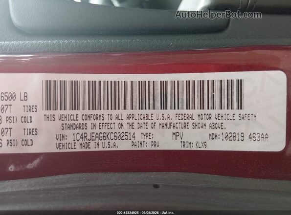 1C4RJEAG6KC602514 2019 JEEP GRAND CHEROKEE Maroon Widok komory silnika