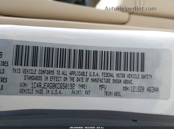 1C4RJEAG8KC650192 2019 JEEP GRAND CHEROKEE White ძრავის განყოფილების ხედი