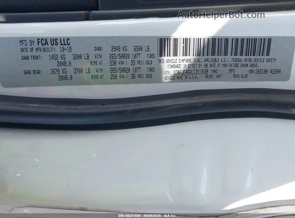 1C4RJEAG8LC211639 2020 JEEP GRAND CHEROKEE White Вид підкапотного простору