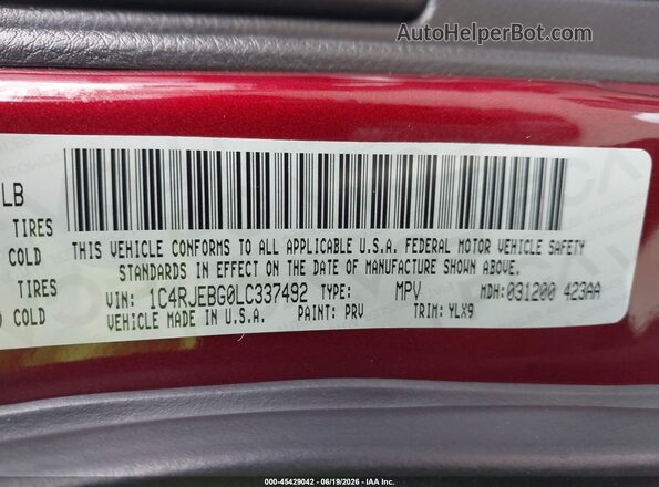 1C4RJEBG0LC337492 2020 JEEP GRAND CHEROKEE Red Vista del compartimento del motor