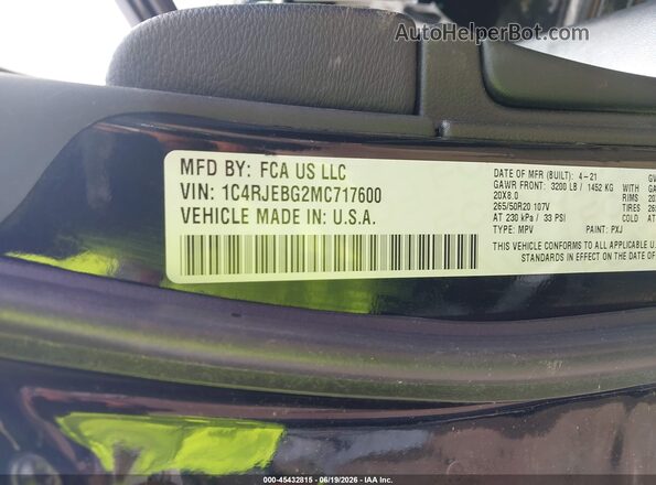 1C4RJEBG2MC717600 2021 JEEP GRAND CHEROKEE Black Vista del compartimento del motor