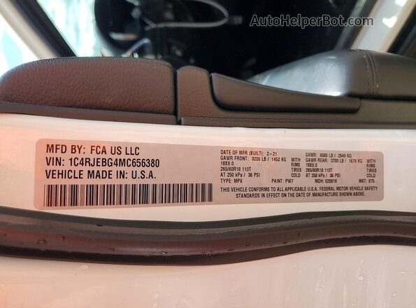 1C4RJEBG4MC656380 2021 JEEP GRAND White Вид наклейки з VIN-кодом