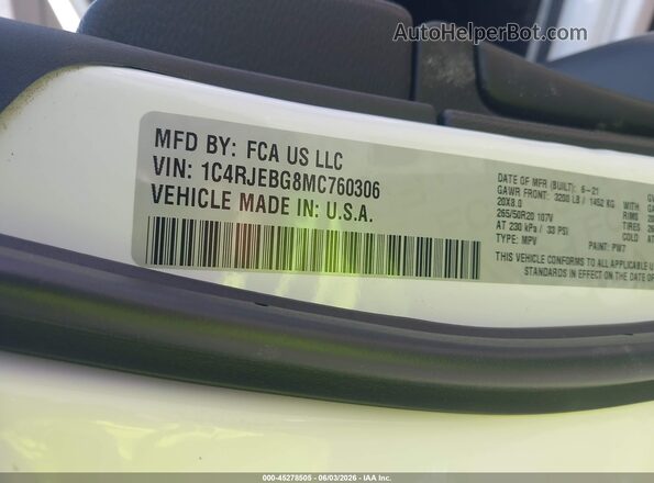 1C4RJEBG8MC760306 2021 JEEP GRAND CHEROKEE White Vista del compartimento del motor