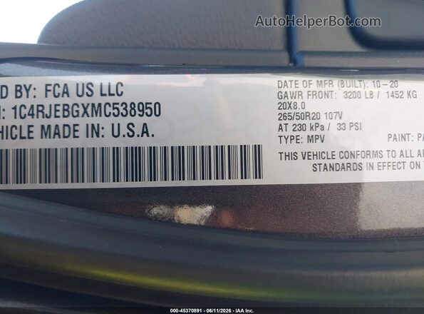 1C4RJEBGXMC538950 2021 JEEP GRAND CHEROKEE Gray Вид підкапотного простору