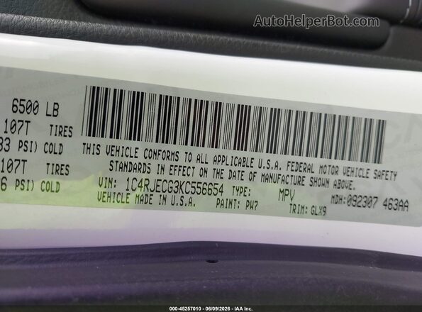 1C4RJECG3KC556654 2019 JEEP GRAND CHEROKEE White Вид підкапотного простору