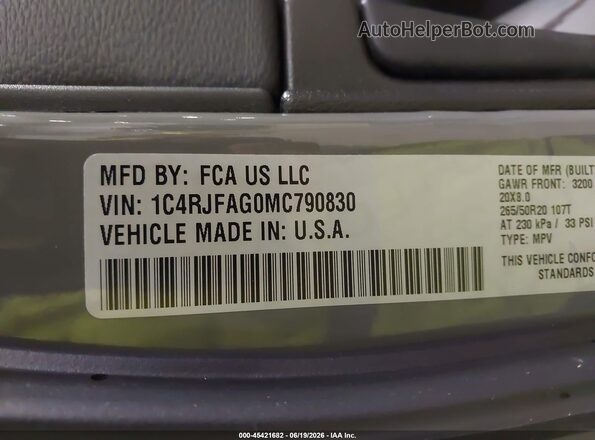 1C4RJFAG0MC790830 2021 JEEP GRAND CHEROKEE Серый Вид подкапотного пространства