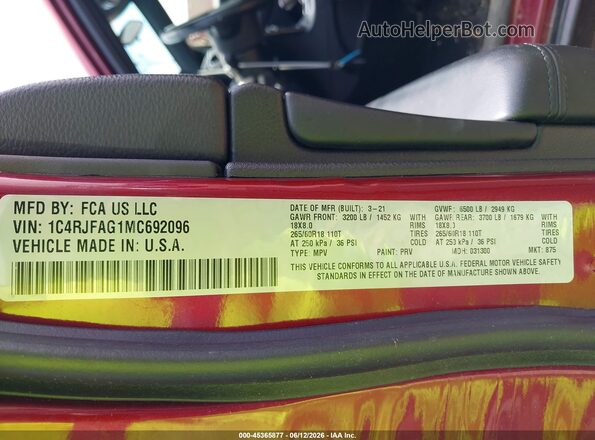 1C4RJFAG1MC692096 2021 JEEP GRAND CHEROKEE Темно-бордовый Вид подкапотного пространства