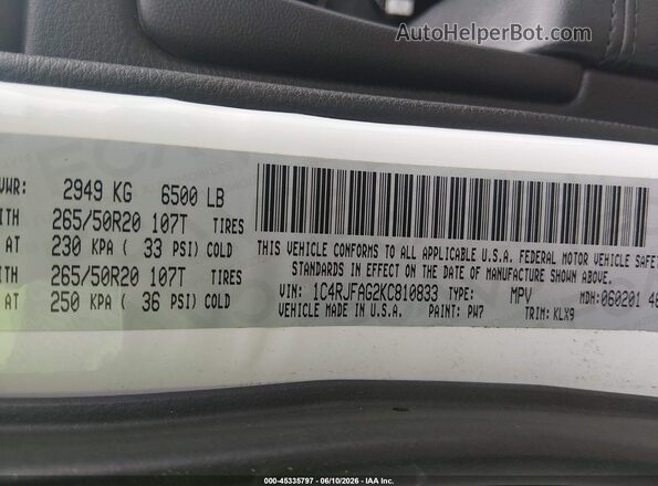 1C4RJFAG2KC810833 2019 JEEP GRAND CHEROKEE Белый Вид подкапотного пространства