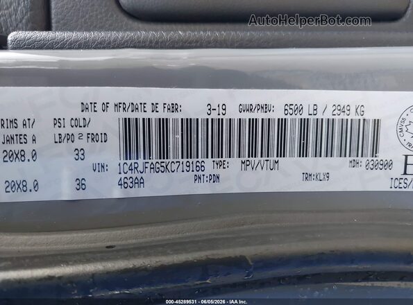 1C4RJFAG5KC719166 2019 JEEP GRAND CHEROKEE Gray 