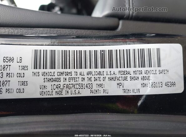 1C4RJFAG7KC591433 2019 JEEP GRAND CHEROKEE Черный Вид подкапотного пространства