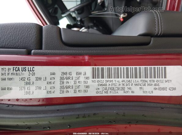 1C4RJFAG8LC301282 2020 JEEP GRAND CHEROKEE Red Շարժիչի բաժամունքի տեսք