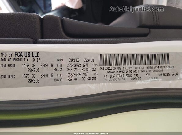 1C4RJFAG9JC152815 2018 JEEP GRAND CHEROKEE White Вид підкапотного простору