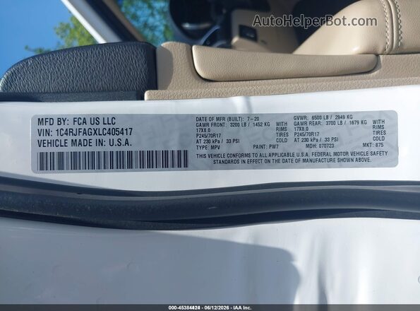 1C4RJFAGXLC405417 2020 JEEP GRAND CHEROKEE White Շարժիչի բաժամունքի տեսք