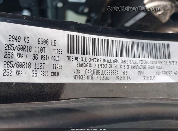 1C4RJFBG1LC339984 2020 JEEP GRAND CHEROKEE Black Вид підкапотного простору