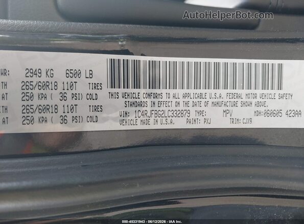 1C4RJFBG2LC332879 2020 JEEP GRAND CHEROKEE Black Շարժիչի բաժամունքի տեսք