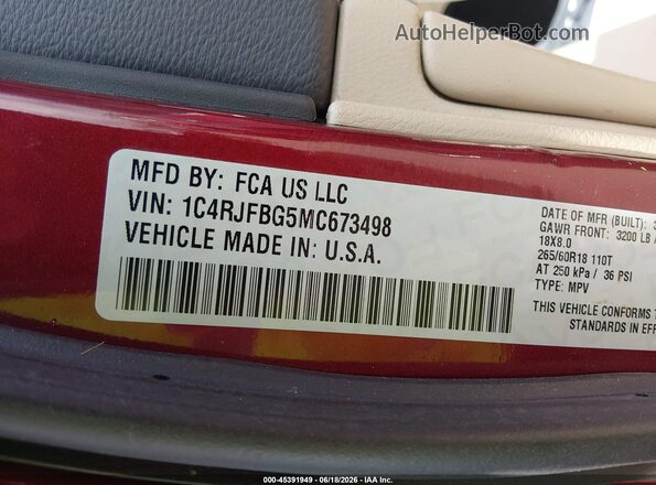 1C4RJFBG5MC673498 2021 JEEP GRAND CHEROKEE Red Widok komory silnika