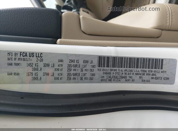 1C4RJFBG6LC290409 2020 JEEP GRAND CHEROKEE Белый Вид подкапотного пространства