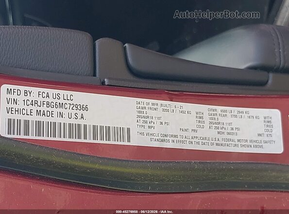 1C4RJFBG6MC729366 2021 JEEP GRAND CHEROKEE Burgundy ძრავის განყოფილების ხედი