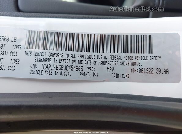 1C4RJFBG8JC454806 2018 JEEP GRAND CHEROKEE White Vista del compartimento del motor