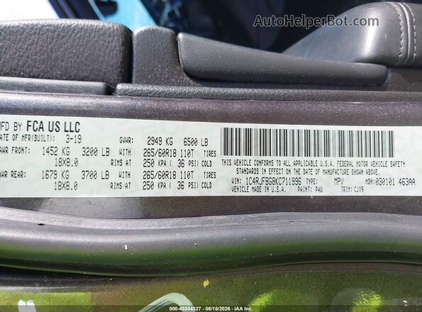 1C4RJFBG8KC711996 2019 JEEP GRAND CHEROKEE Серый Вид подкапотного пространства