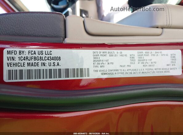 1C4RJFBG8LC434008 2020 JEEP GRAND CHEROKEE Red Շարժիչի բաժամունքի տեսք