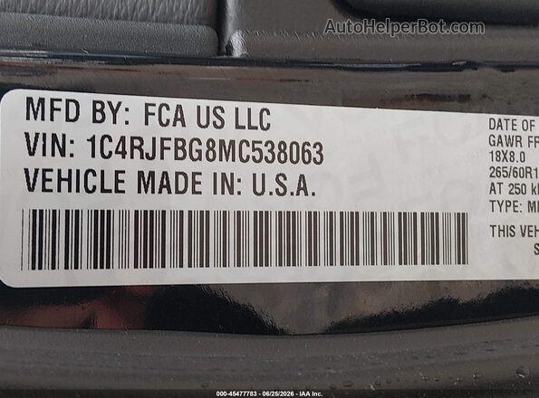 1C4RJFBG8MC538063 2021 JEEP GRAND CHEROKEE Black Շարժիչի բաժամունքի տեսք