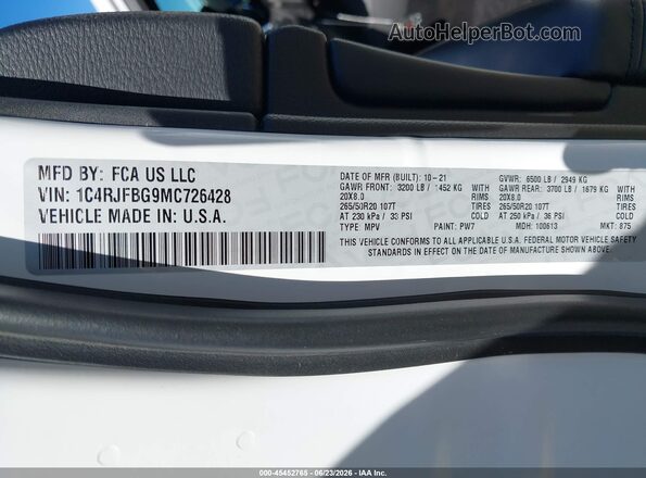 1C4RJFBG9MC726428 2021 JEEP GRAND CHEROKEE White Widok komory silnika