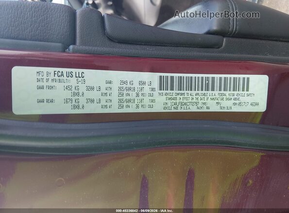 1C4RJFBGXKC772797 2019 JEEP GRAND CHEROKEE Красный Вид подкапотного пространства
