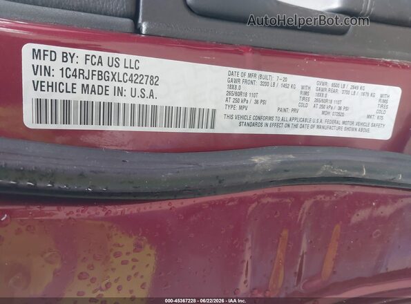 1C4RJFBGXLC422782 2020 JEEP GRAND CHEROKEE Red Engine compartment view