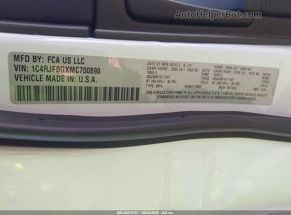 1C4RJFBGXMC700890 2021 JEEP GRAND CHEROKEE White Engine compartment view