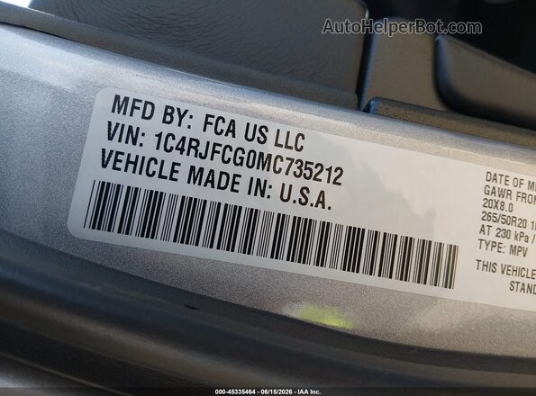 1C4RJFCG0MC735212 2021 JEEP GRAND CHEROKEE Gray Շարժիչի բաժամունքի տեսք