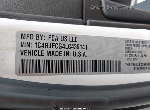 1C4RJFCG4LC439141 2020 JEEP GRAND CHEROKEE White Widok komory silnika