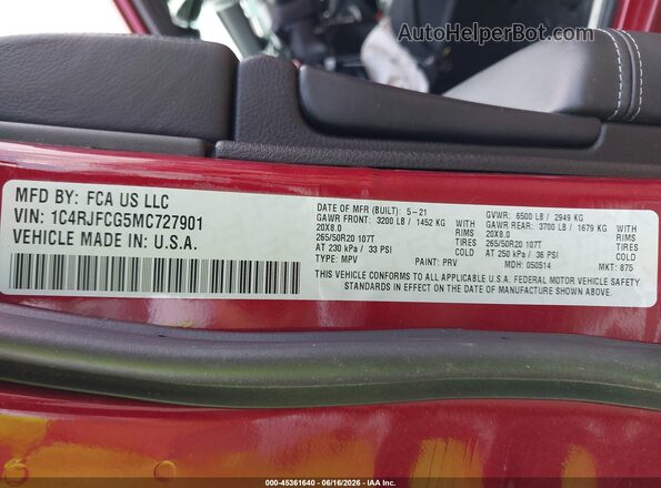 1C4RJFCG5MC727901 2021 JEEP GRAND CHEROKEE Maroon Vista del compartimento del motor