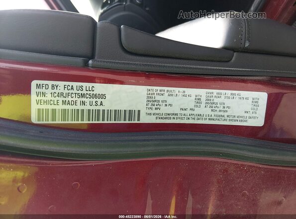 1C4RJFCT5MC506005 2021 JEEP GRAND CHEROKEE Maroon Շարժիչի բաժամունքի տեսք