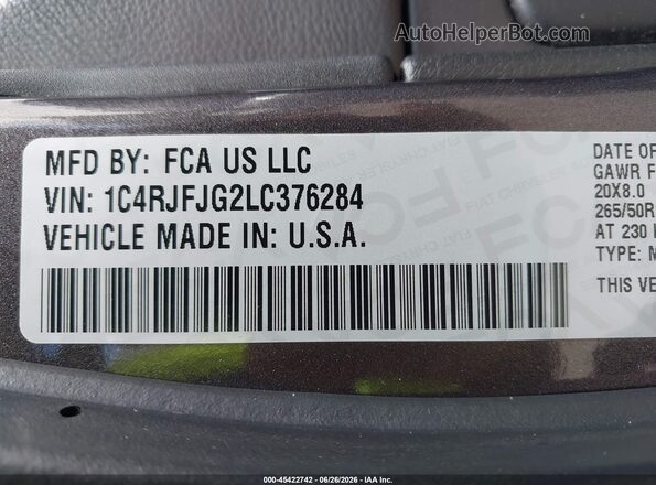 1C4RJFJG2LC376284 2020 JEEP GRAND CHEROKEE Gray ძრავის განყოფილების ხედი