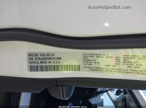 1C4RJKBG5M8141888 2021 JEEP GRAND CHEROKEE L White Widok komory silnika