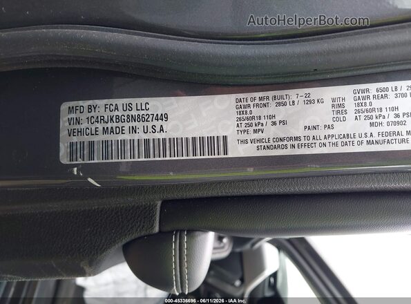 1C4RJKBG8N8627449 2022 JEEP GRAND CHEROKEE L Gray Շարժիչի բաժամունքի տեսք