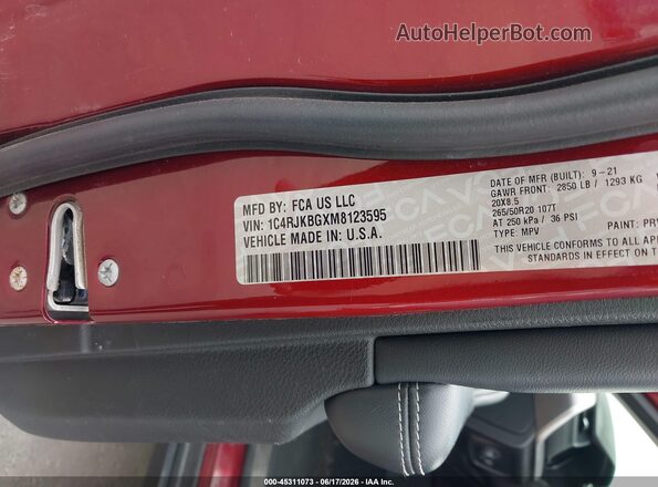 1C4RJKBGXM8123595 2021 JEEP GRAND CHEROKEE L Red Շարժիչի բաժամունքի տեսք