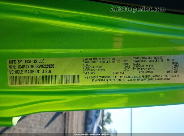1C4RJXDG0SW622926 2025 JEEP WRANGLER Green Widok komory silnika