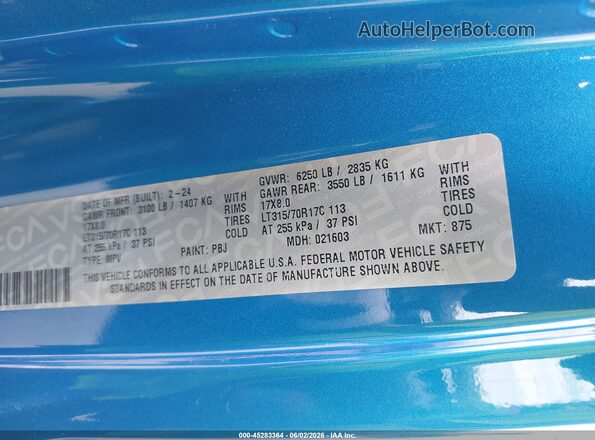 1C4RJXFG4RW271266 2024 JEEP WRANGLER Blue Շարժիչի բաժամունքի տեսք