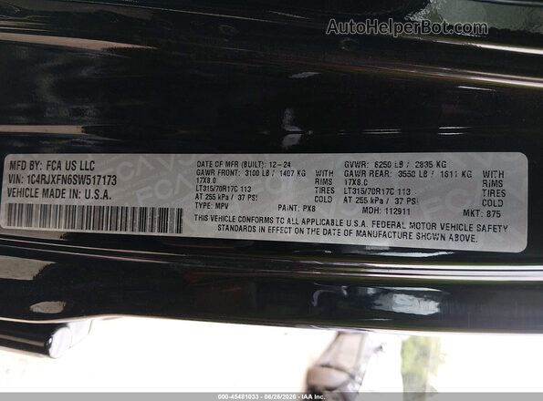 1C4RJXFN6SW517173 2025 JEEP WRANGLER Black Engine compartment view