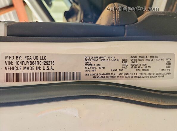 1C4RJYB64RC129276 2024 JEEP GRAND White Vista de la etiqueta del VIN