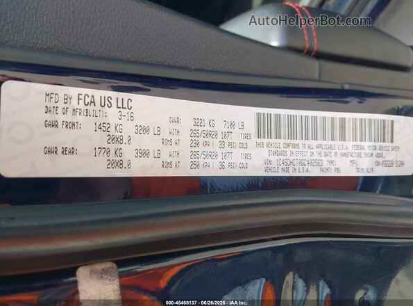 1C4SDHCT0GC402563 2016 DODGE DURANGO Dark Blue Vista del compartimento del motor