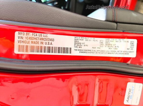 1C4SDHCT4MC572453 2021 DODGE DURANGO Red VIN კოდის სტიკერის ხედი