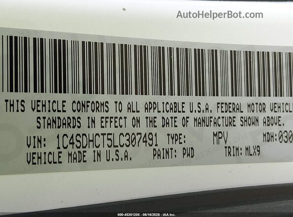 1C4SDHCT5LC307491 2020 DODGE DURANGO White Vista del compartimento del motor