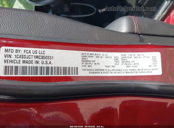 1C4SDJCT1MC850331 2021 DODGE DURANGO Темно-бордовый Вид подкапотного пространства