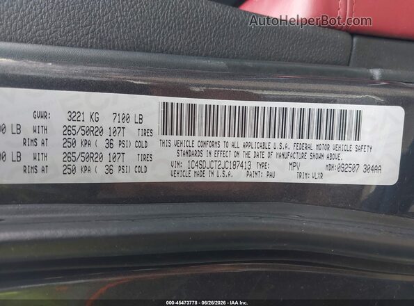 1C4SDJCT2JC187413 2018 DODGE DURANGO Gray Вид підкапотного простору
