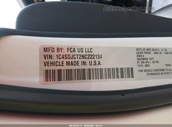 1C4SDJCT2NC222134 2022 DODGE DURANGO White Շարժիչի բաժամունքի տեսք