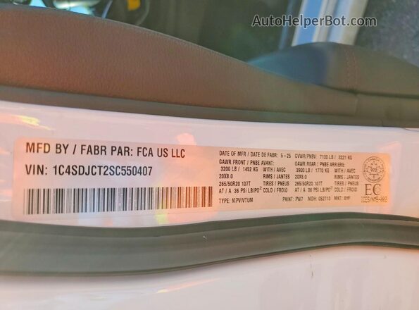 1C4SDJCT2SC550407 2025 DODGE DURANGO White Widok wnętrza 360 stopni