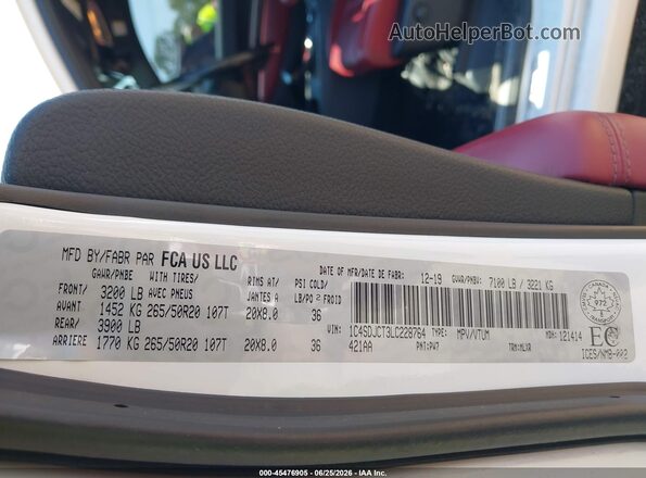 1C4SDJCT3LC228764 2020 DODGE DURANGO White Вид підкапотного простору